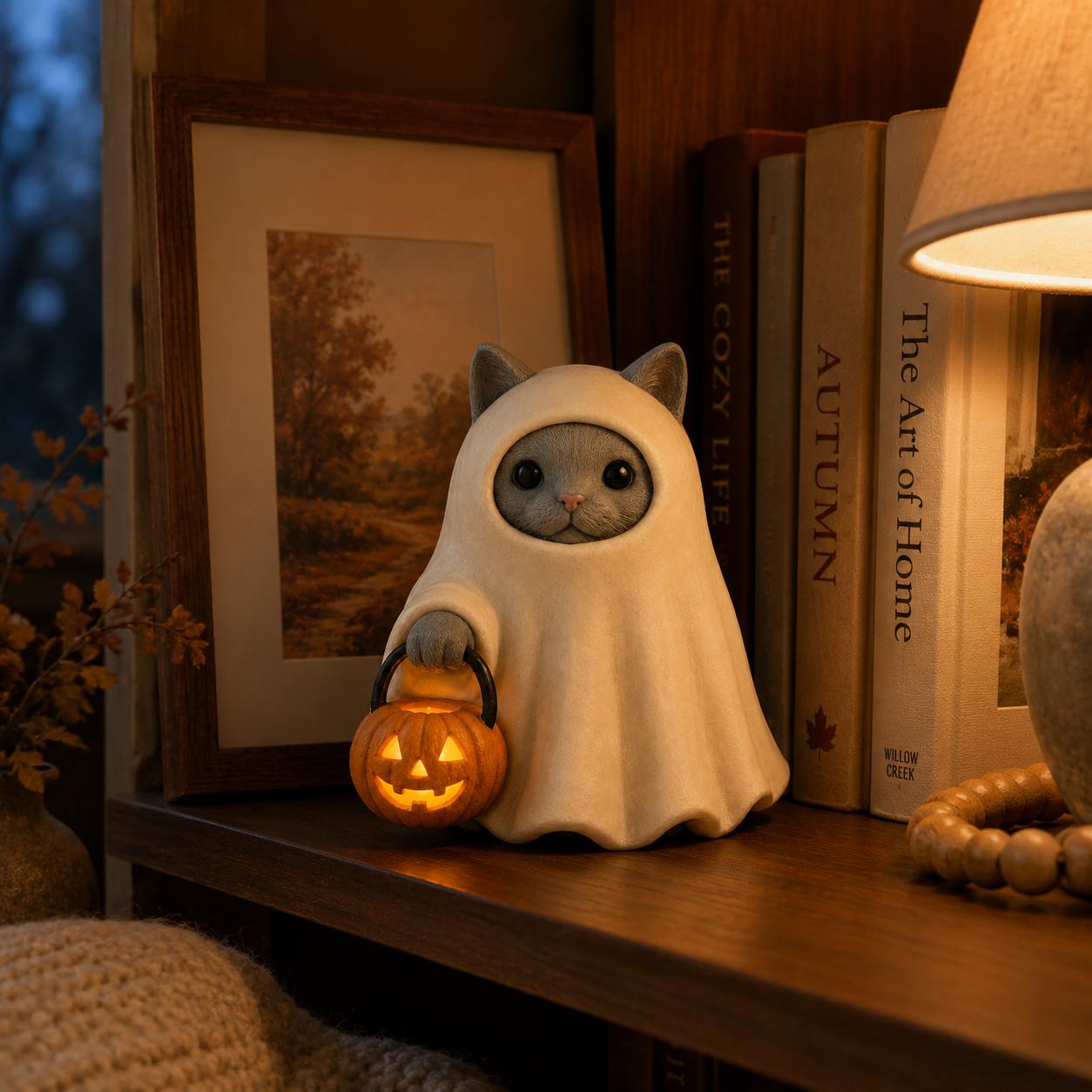 Lighted Ghost Cat Pumpkin Statue