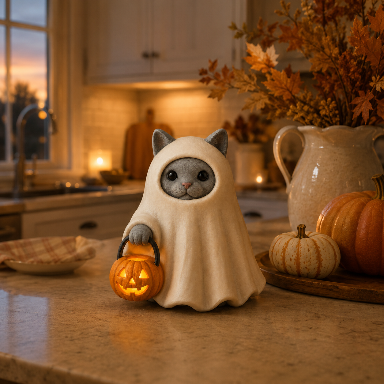 Lighted Ghost Cat Pumpkin Statue