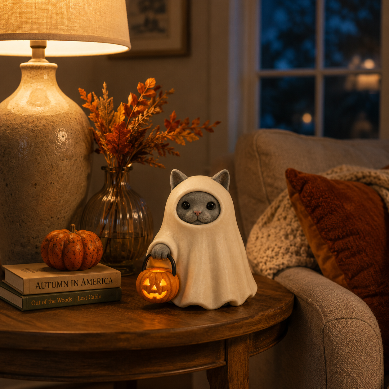Lighted Ghost Cat Pumpkin Statue