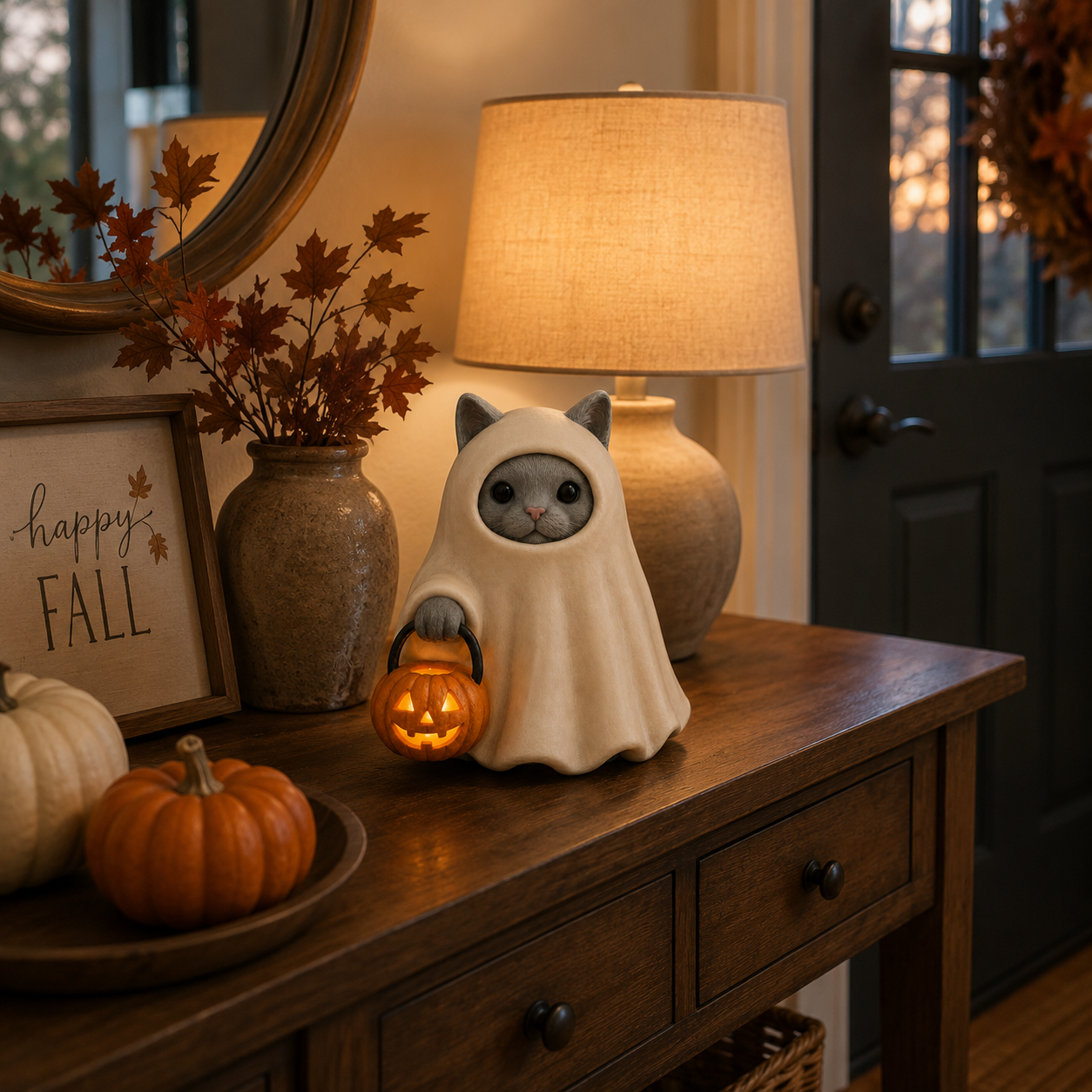Lighted Ghost Cat Pumpkin Statue