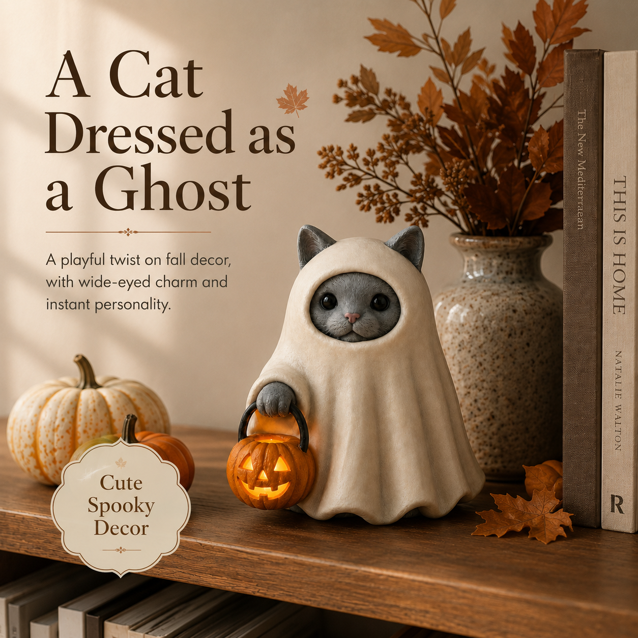 Lighted Ghost Cat Pumpkin Statue