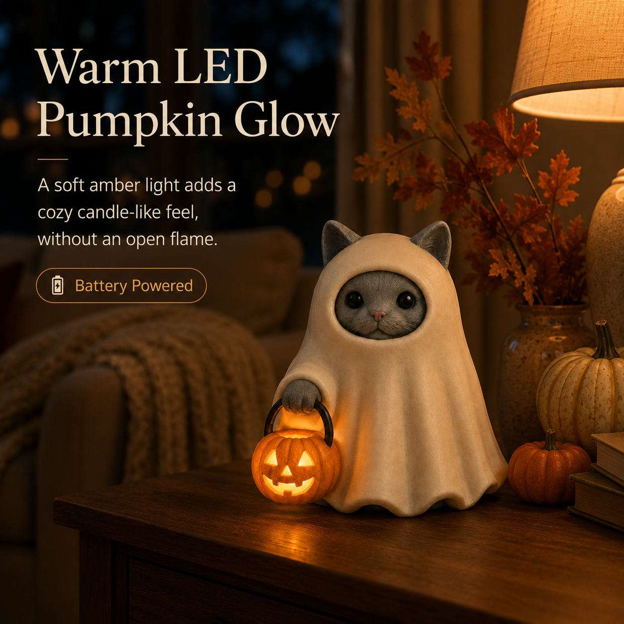 Lighted Ghost Cat Pumpkin Statue