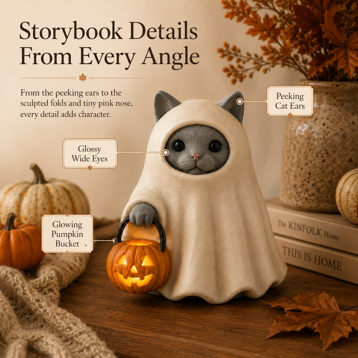 Lighted Ghost Cat Pumpkin Statue