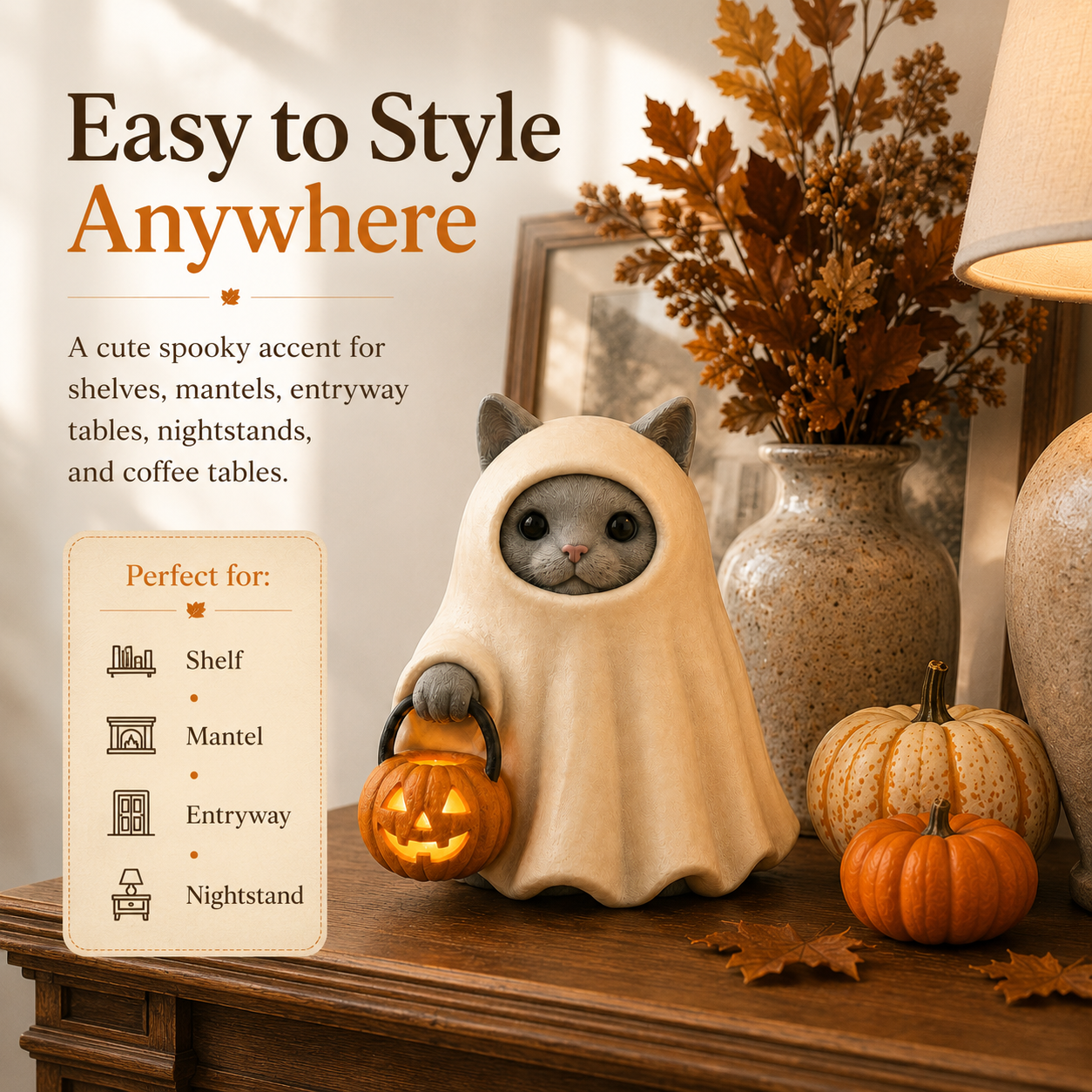 Lighted Ghost Cat Pumpkin Statue