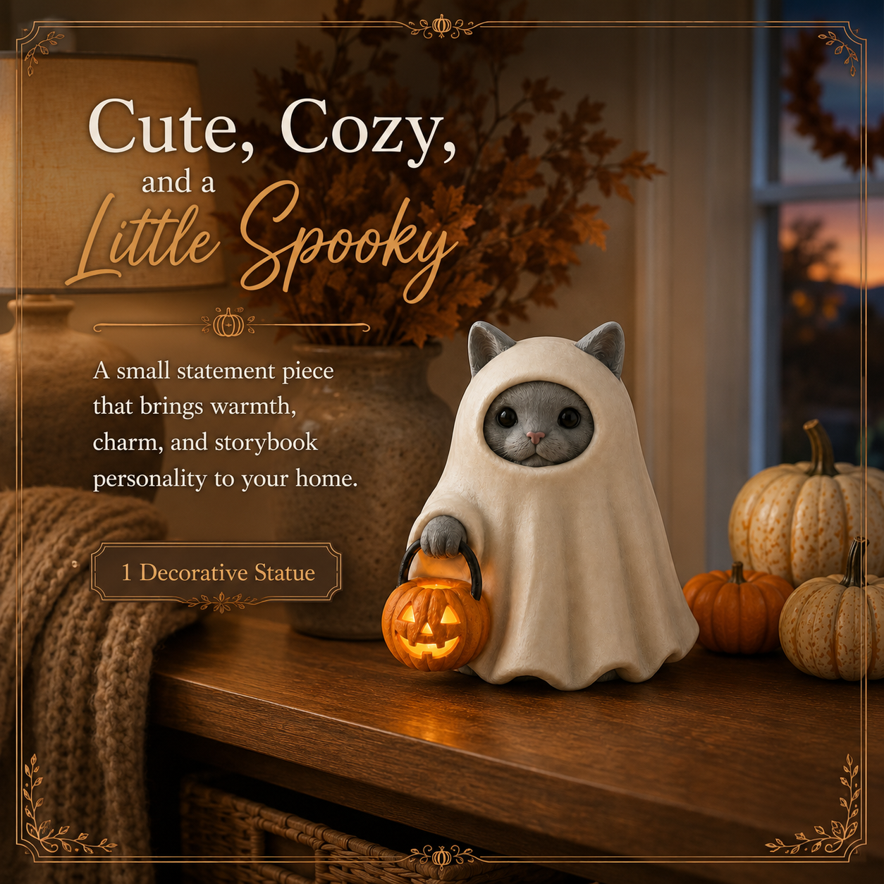 Lighted Ghost Cat Pumpkin Statue
