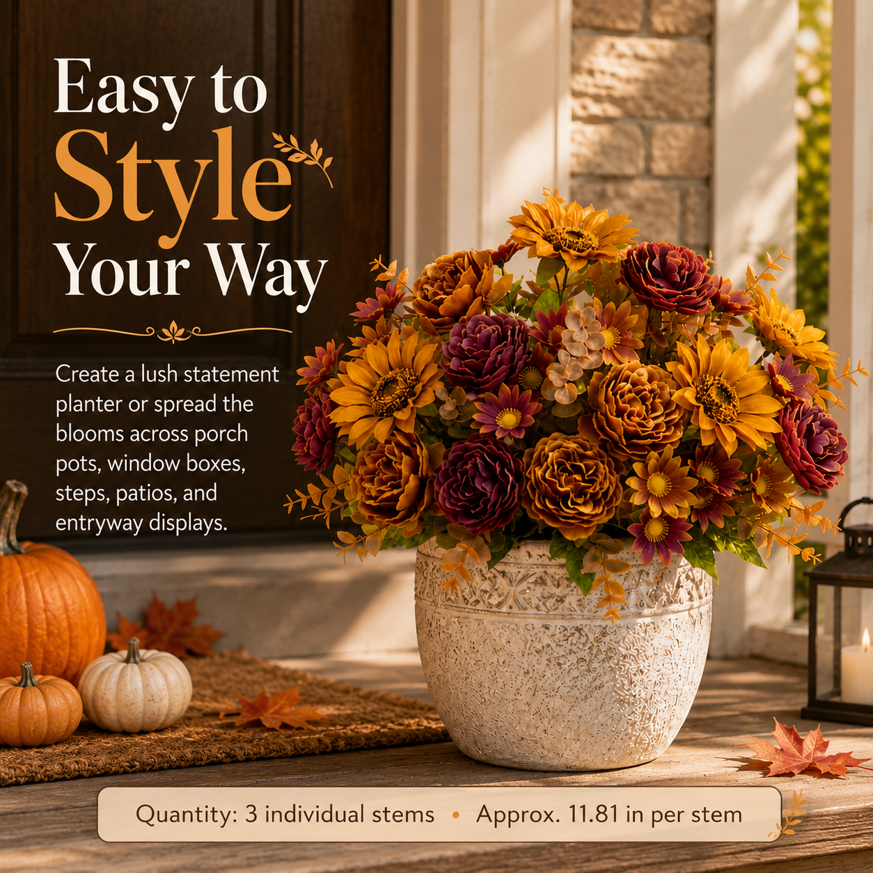 3-Piece Artificial Sunflower & Peony Bush Set