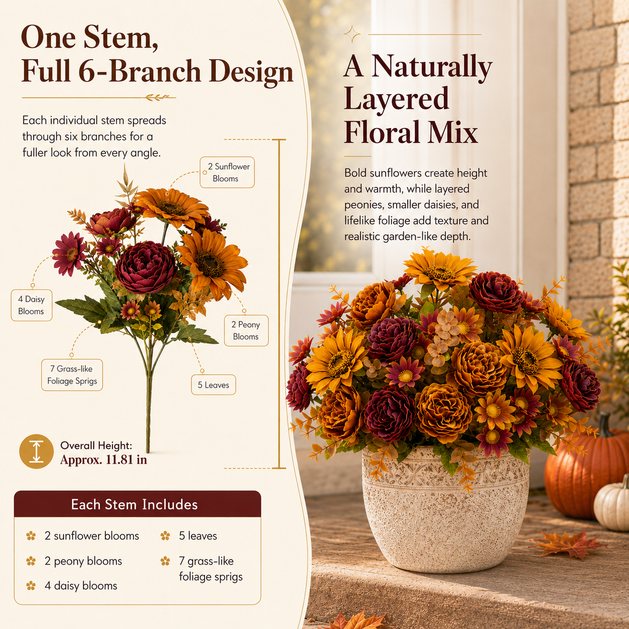 3-Piece Artificial Sunflower & Peony Bush Set