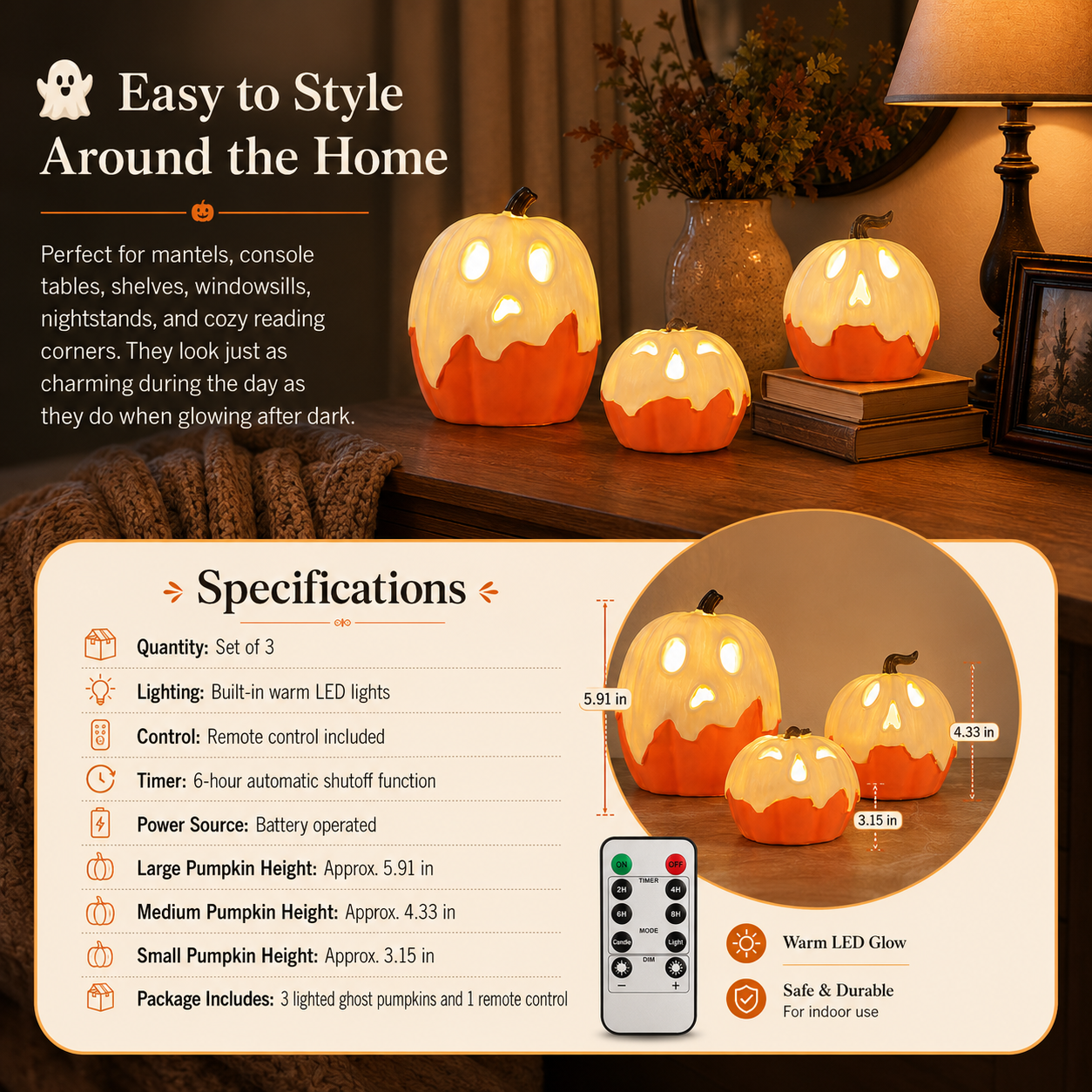 Lighted Ghost Pumpkin Trio