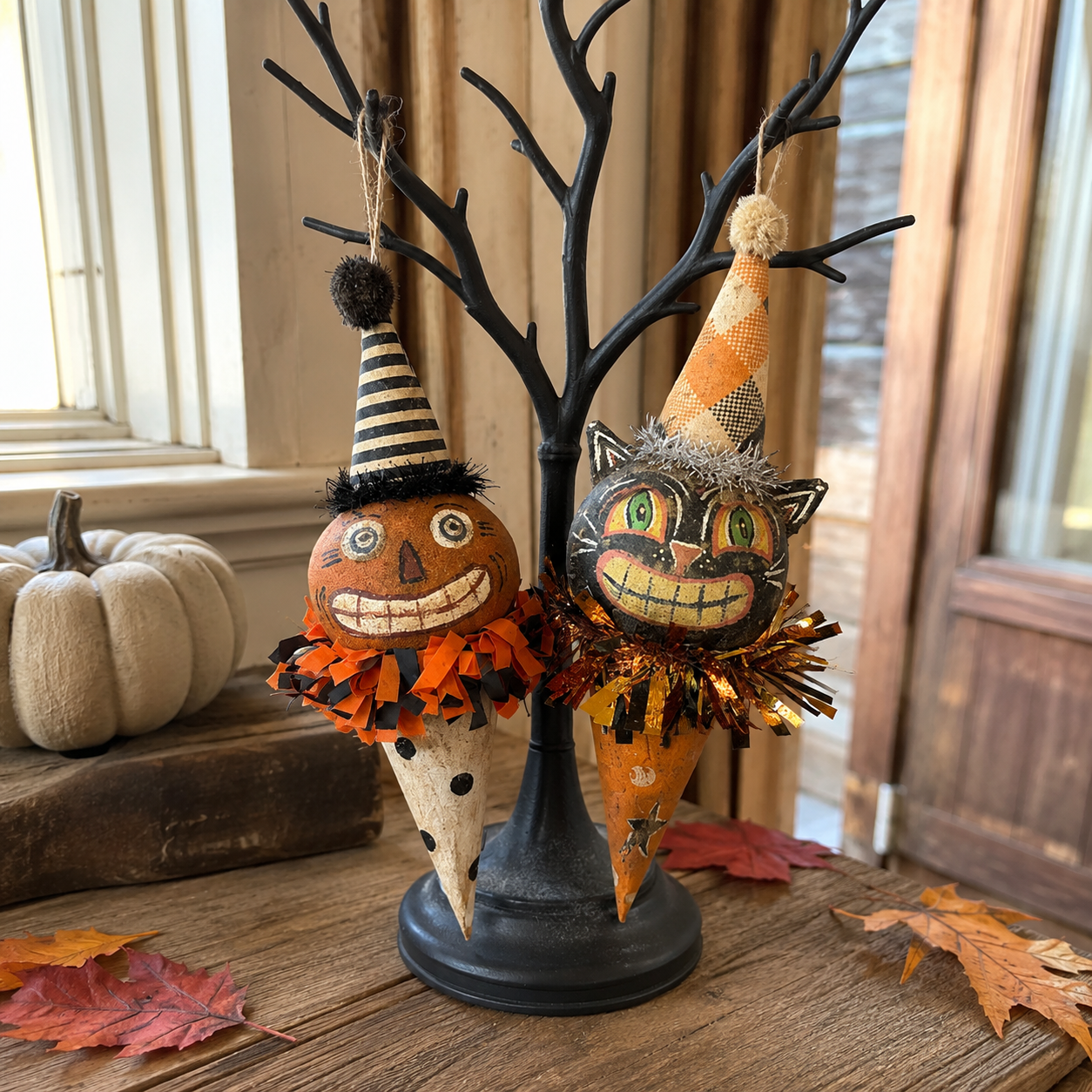 Vintage Pumpkin & Black Cat Ornaments