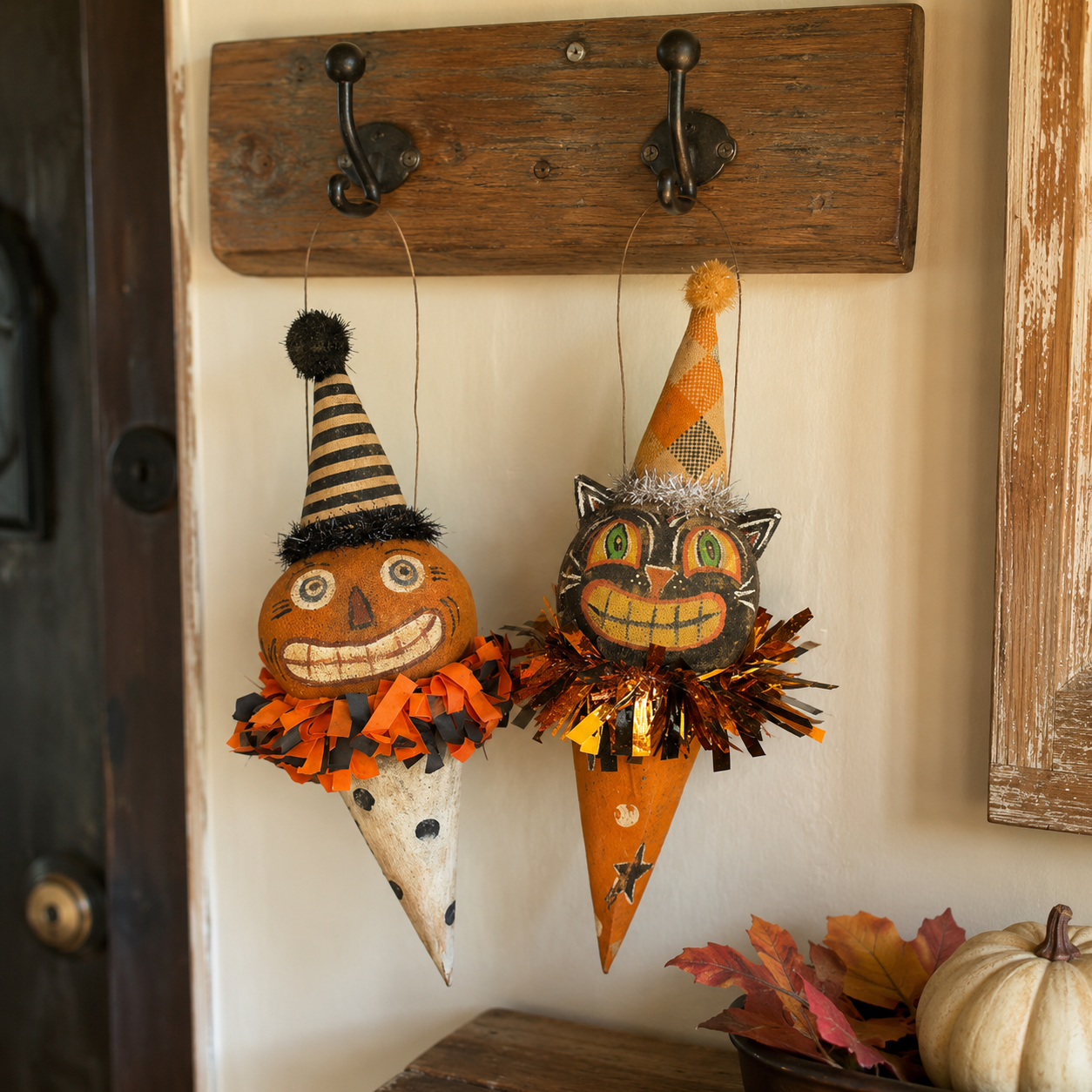 Vintage Pumpkin & Black Cat Ornaments