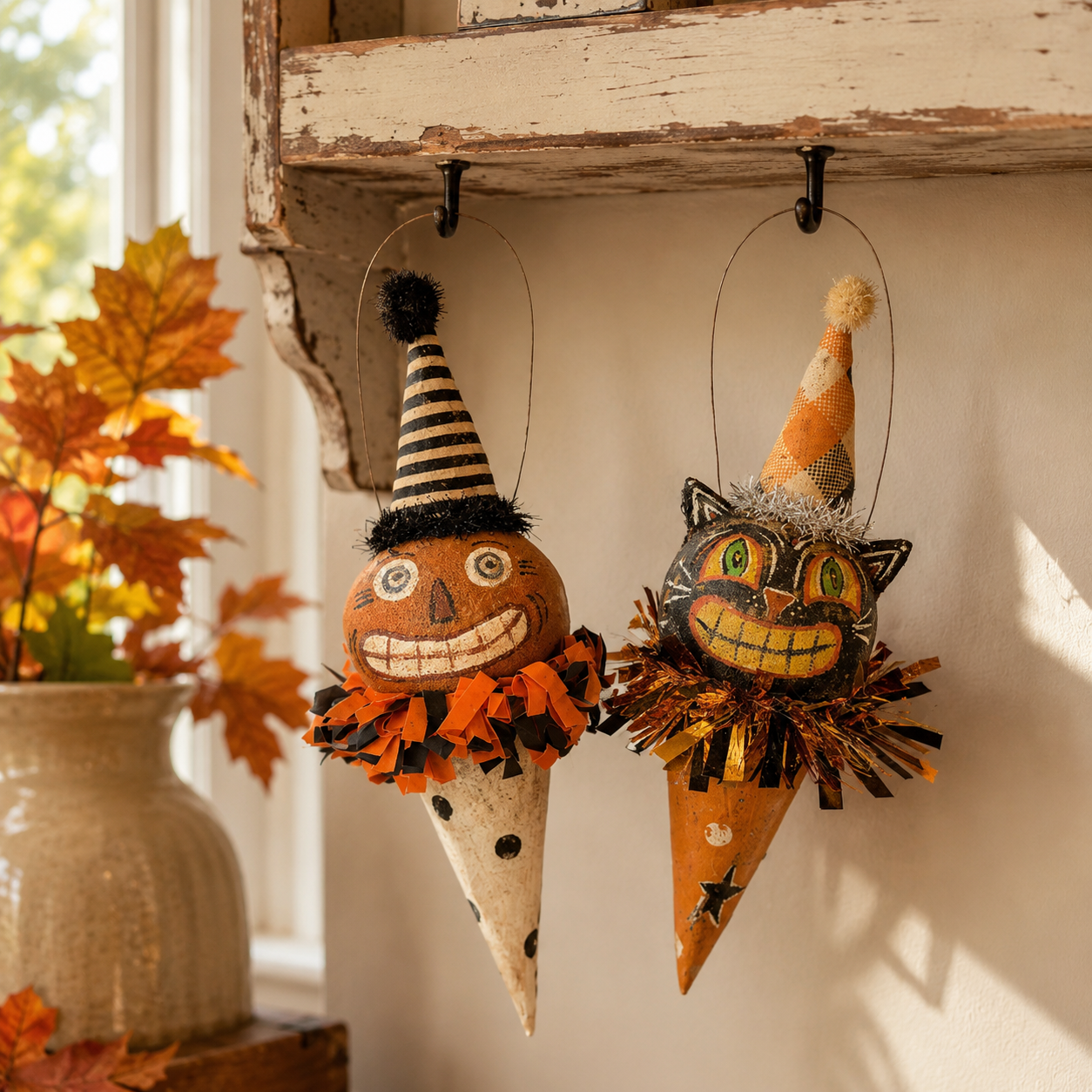 Vintage Pumpkin & Black Cat Ornaments