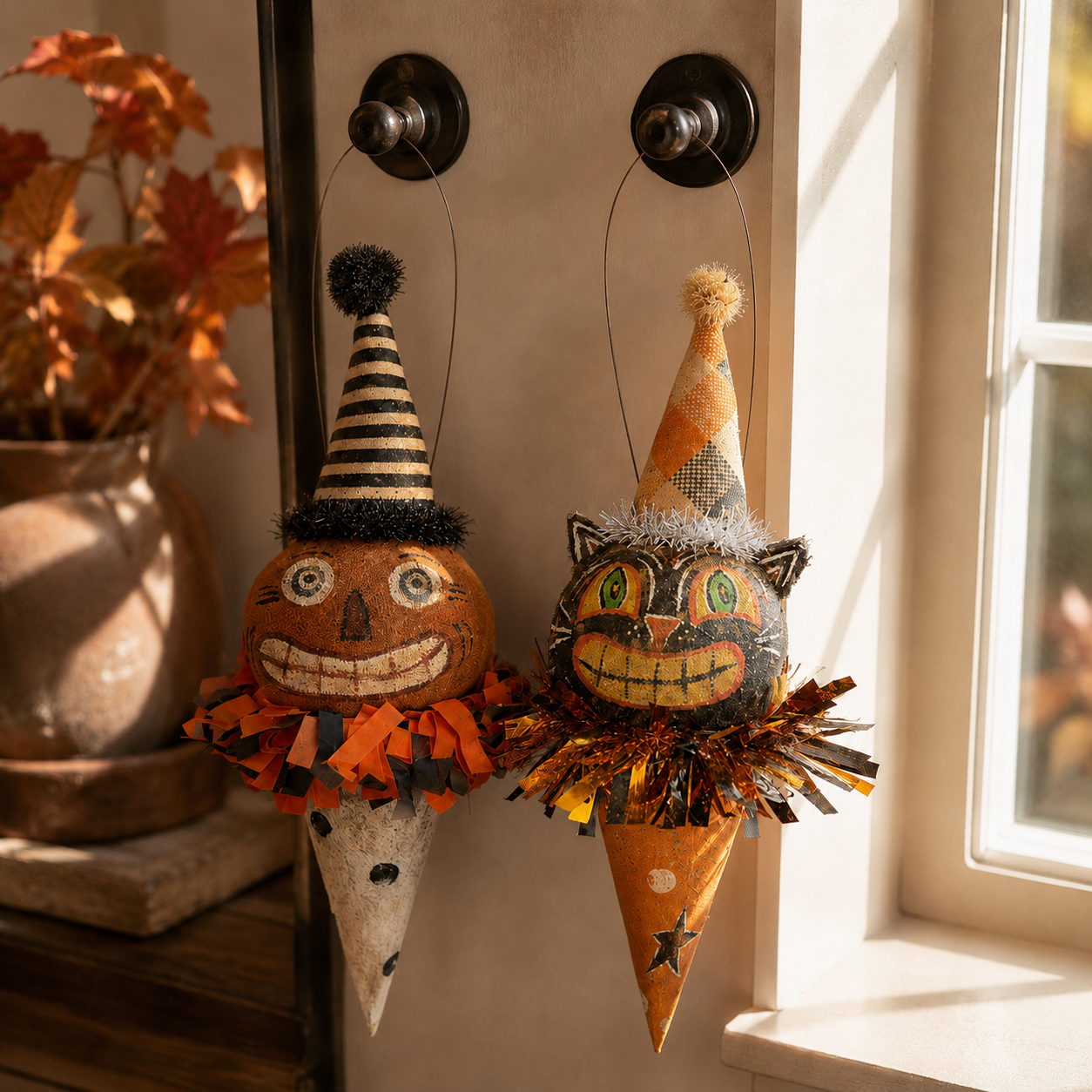 Vintage Pumpkin & Black Cat Ornaments