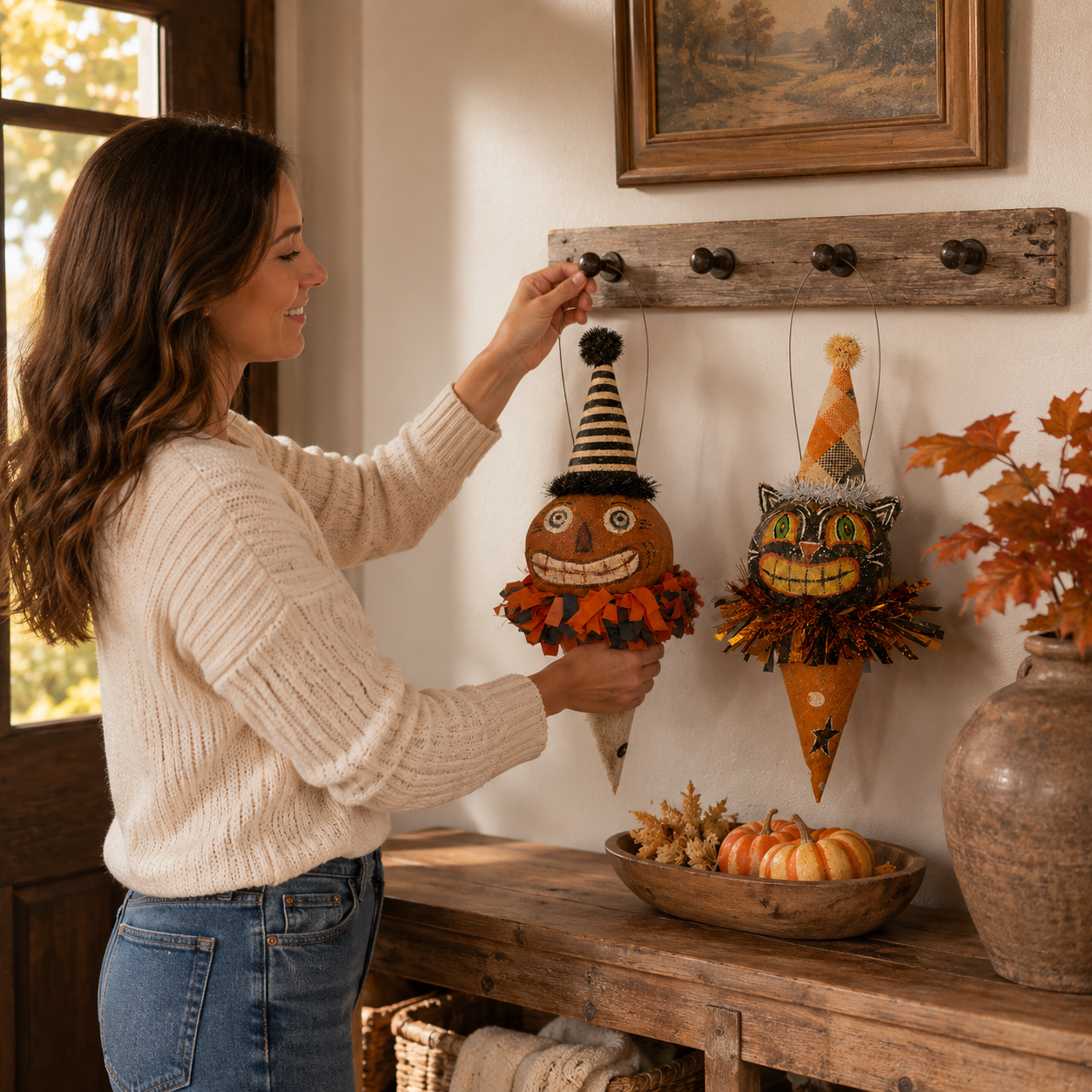 Vintage Pumpkin & Black Cat Ornaments
