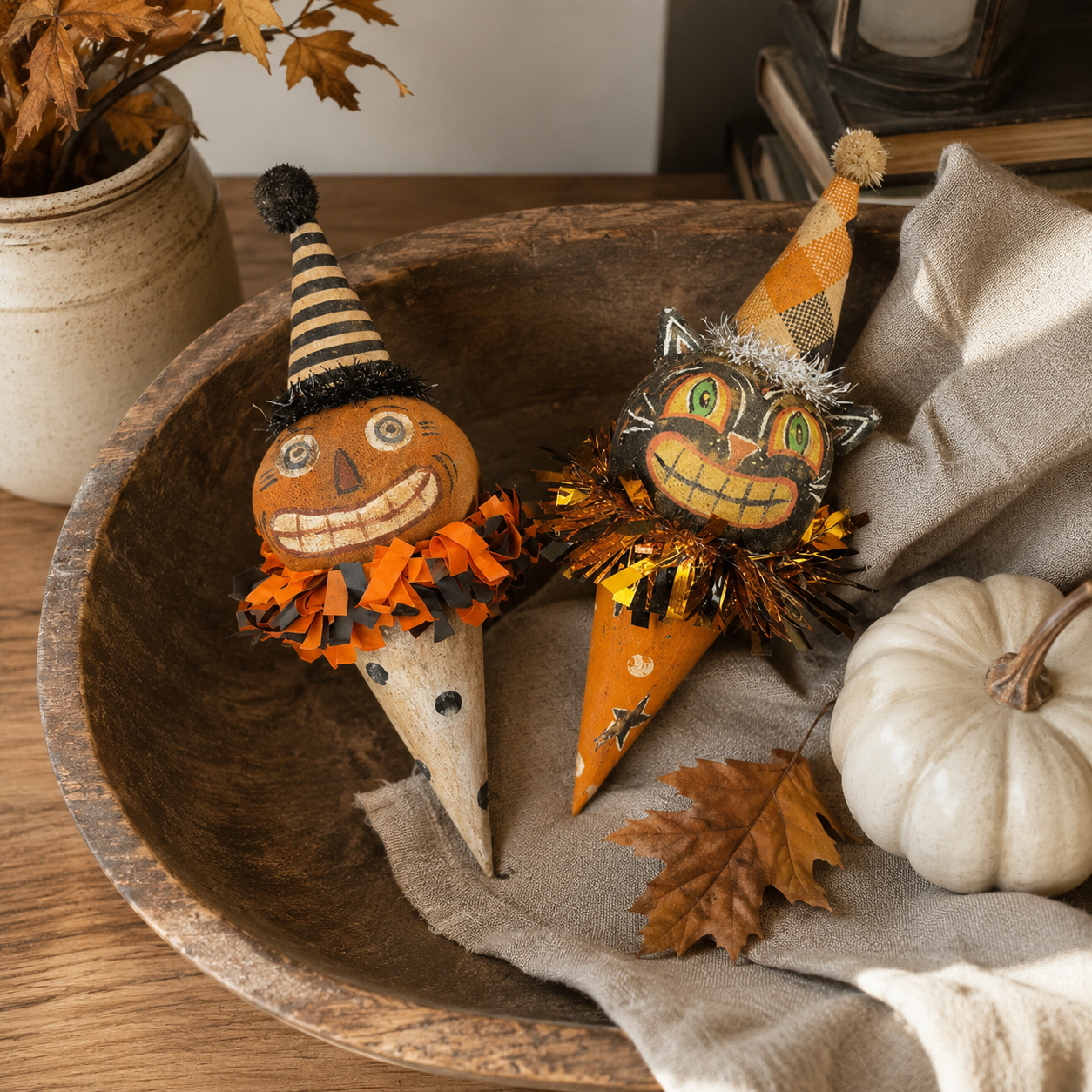Vintage Pumpkin & Black Cat Ornaments