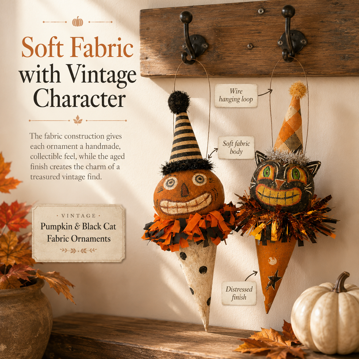 Vintage Pumpkin & Black Cat Ornaments