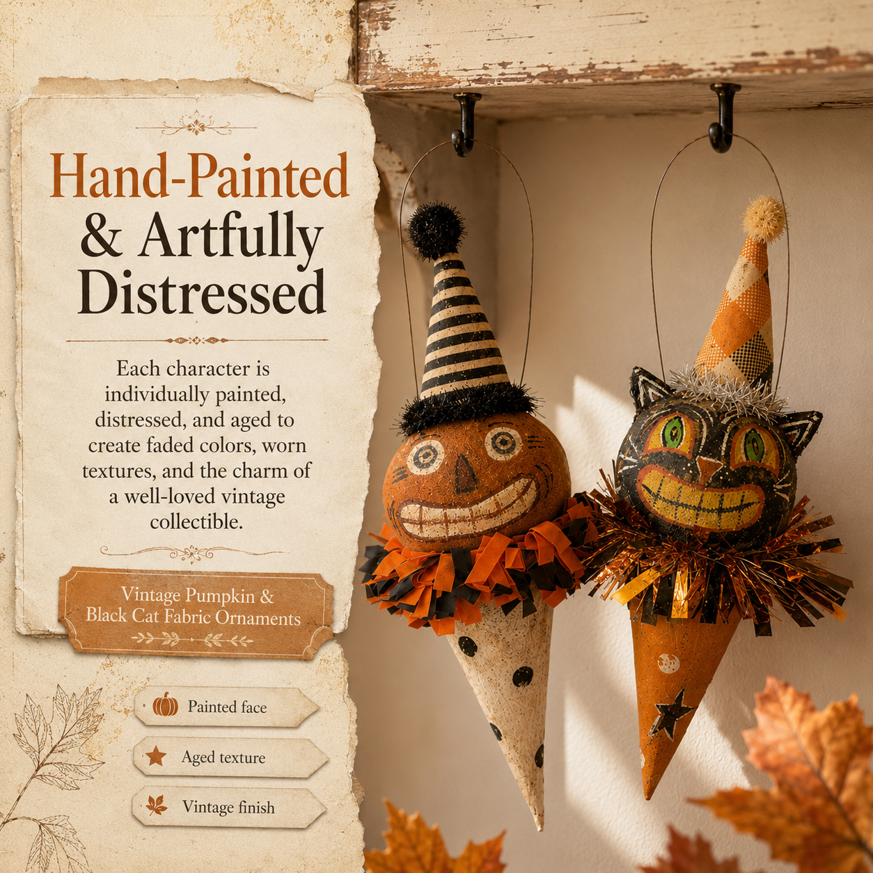 Vintage Pumpkin & Black Cat Ornaments