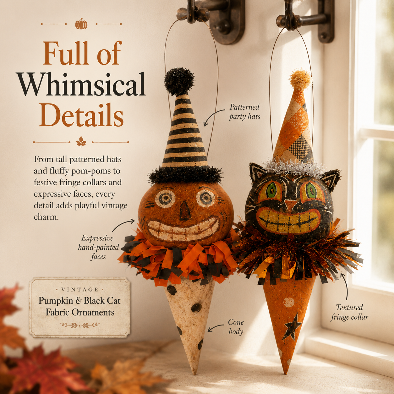 Vintage Pumpkin & Black Cat Ornaments