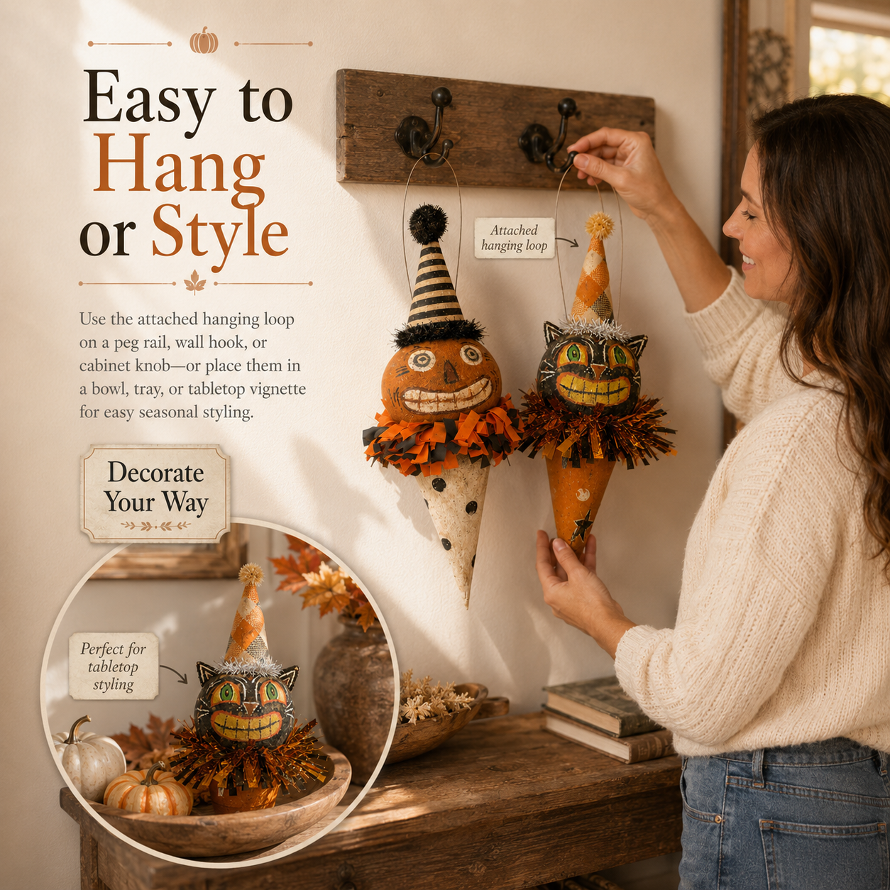 Vintage Pumpkin & Black Cat Ornaments