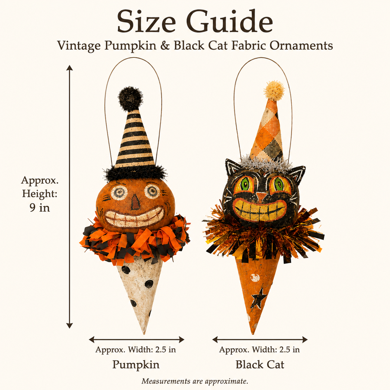 Vintage Pumpkin & Black Cat Ornaments