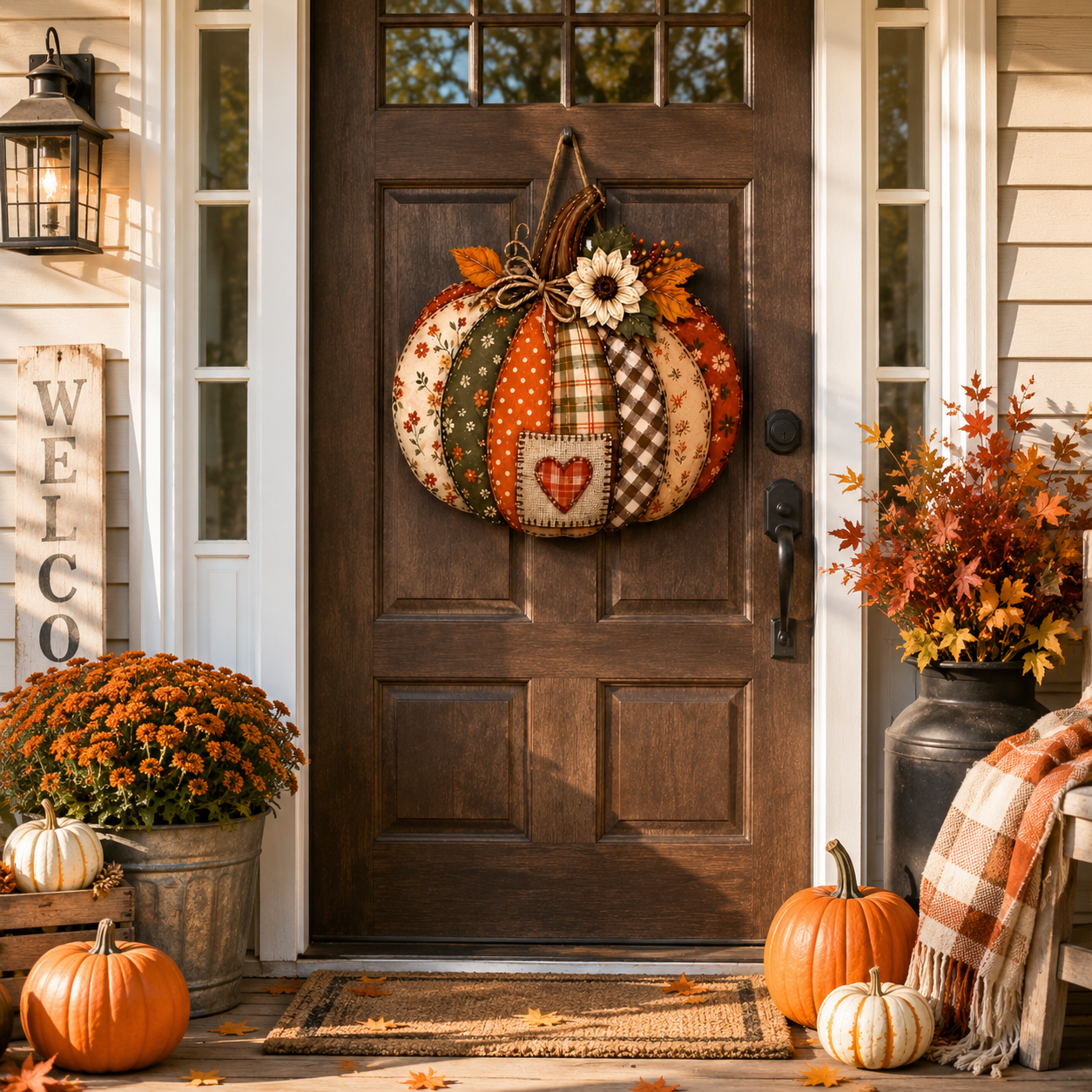 Vintage Patchwork Pumpkin Door Hanger