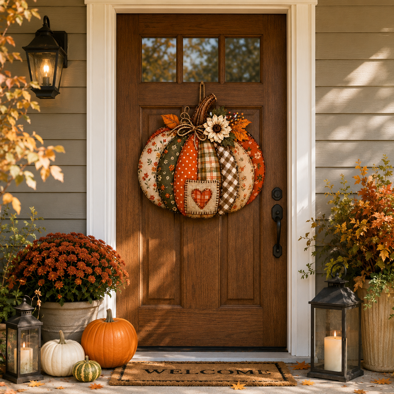 Vintage Patchwork Pumpkin Door Hanger