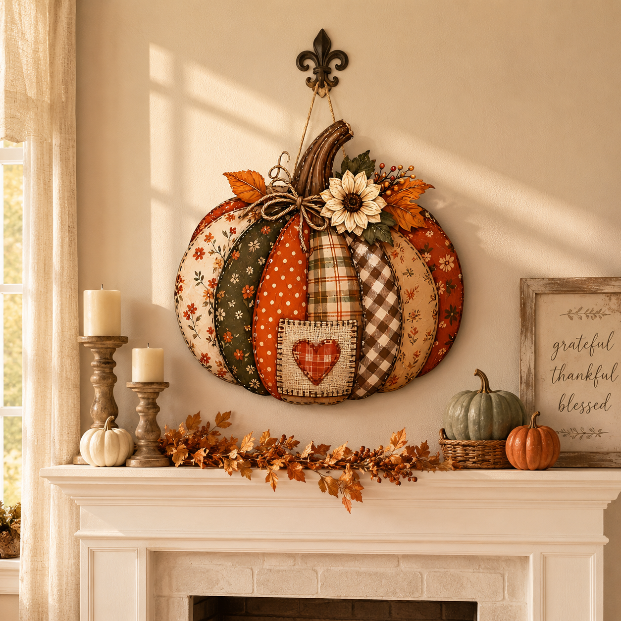 Vintage Patchwork Pumpkin Door Hanger