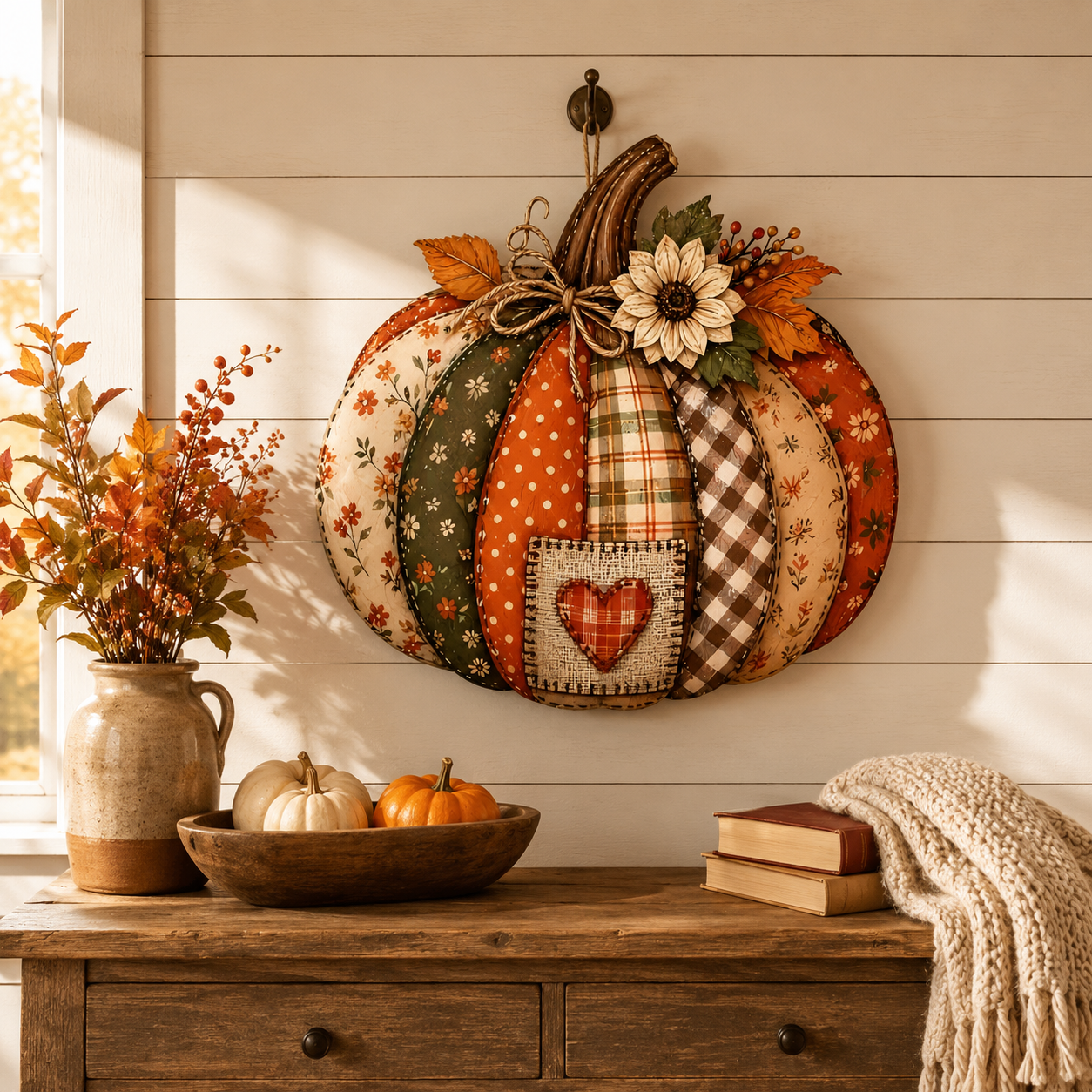 Vintage Patchwork Pumpkin Door Hanger