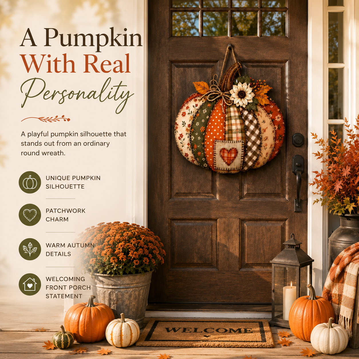 Vintage Patchwork Pumpkin Door Hanger