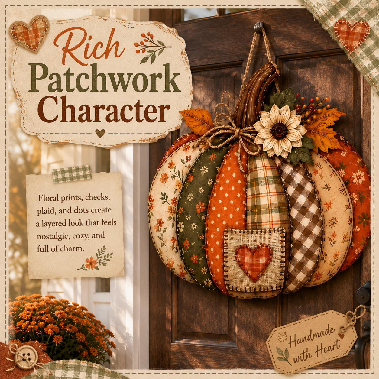Vintage Patchwork Pumpkin Door Hanger