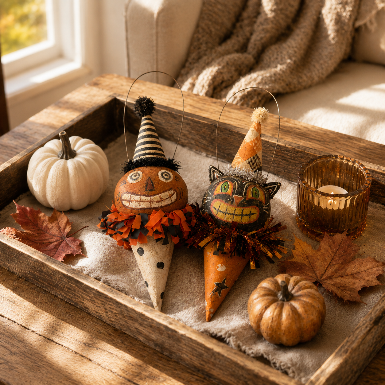 Vintage Pumpkin & Black Cat Ornament Set – 2-Piece Set
