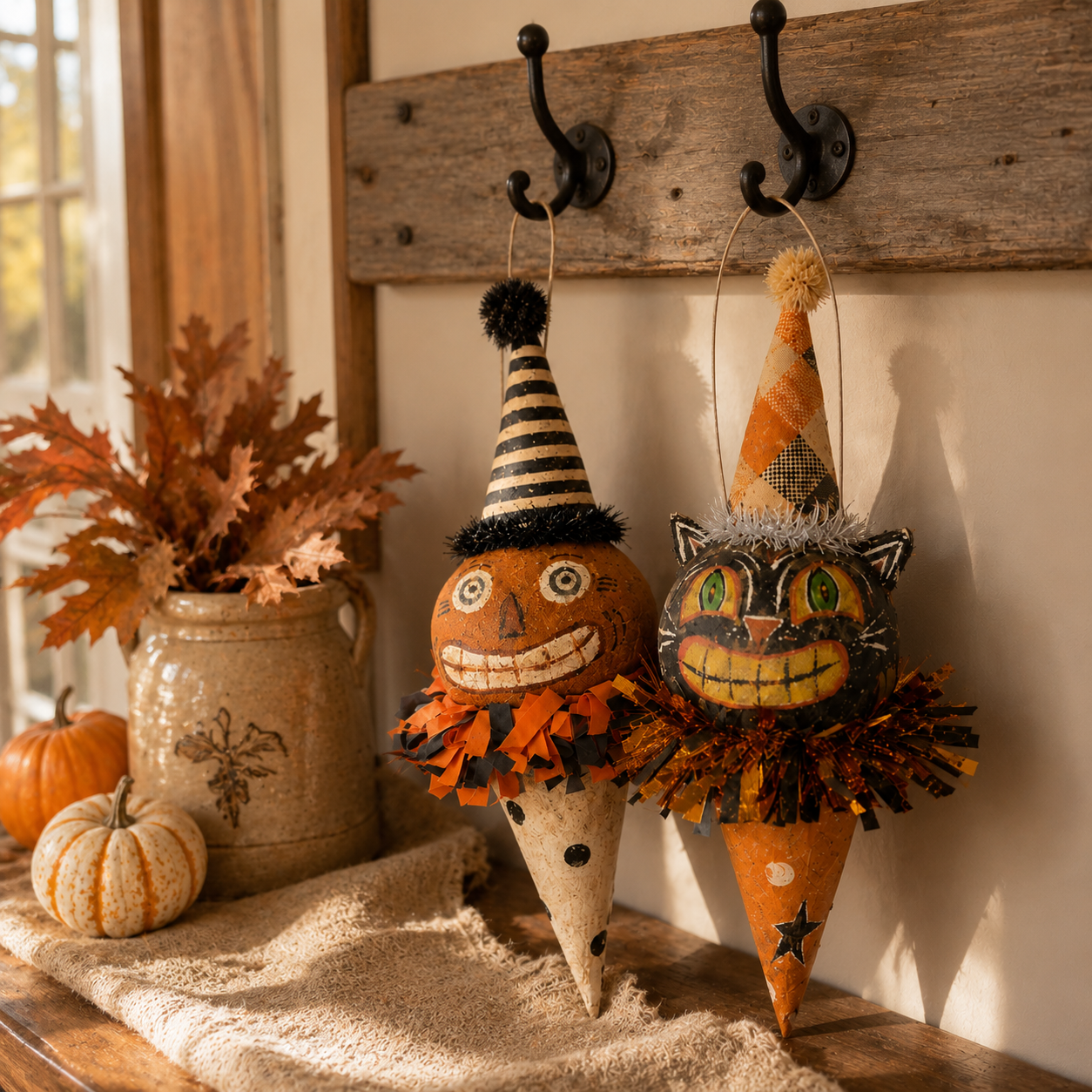 Vintage Pumpkin & Black Cat Ornament Set – 2-Piece Set