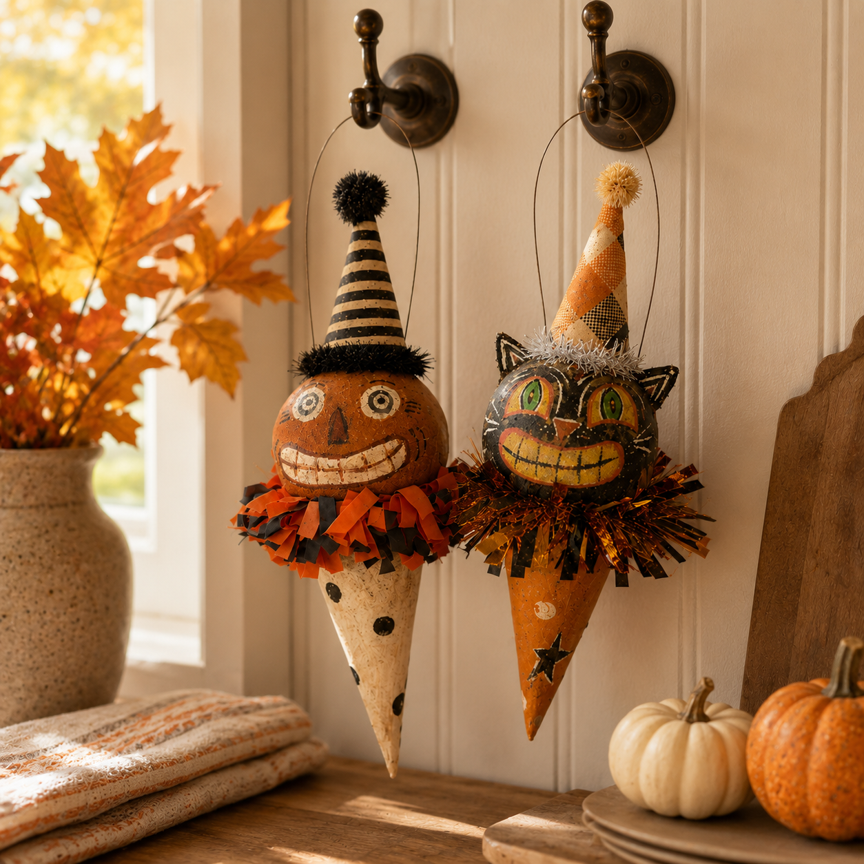 Vintage Pumpkin & Black Cat Ornament Set – 2-Piece Set