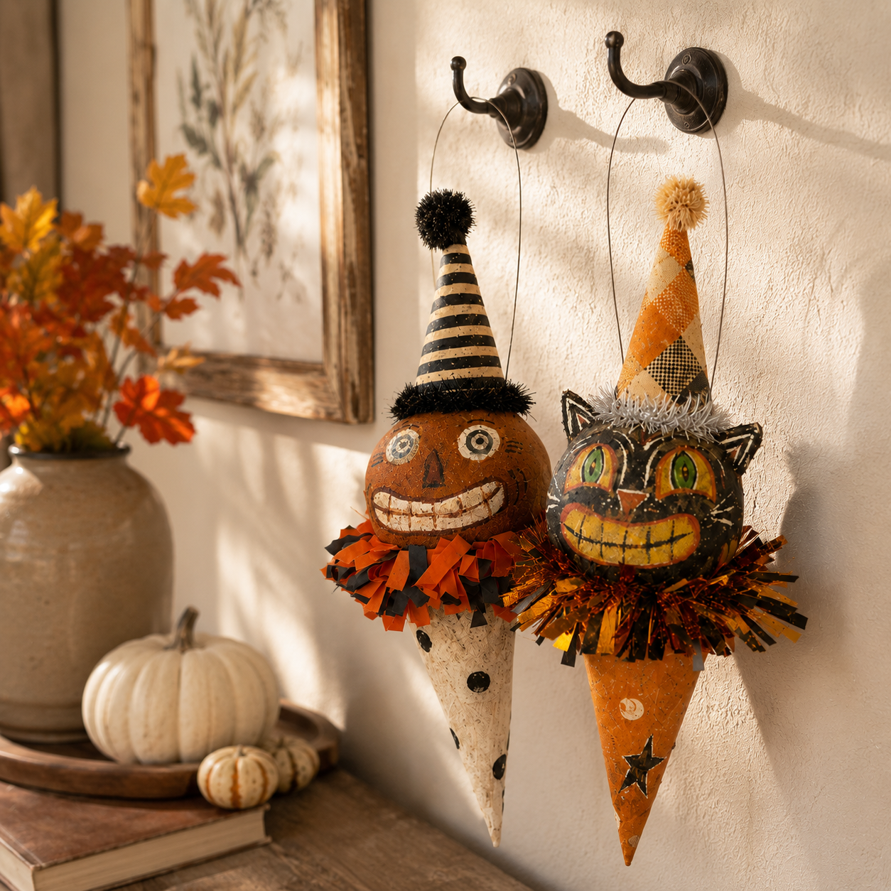 Vintage Pumpkin & Black Cat Ornament Set – 2-Piece Set
