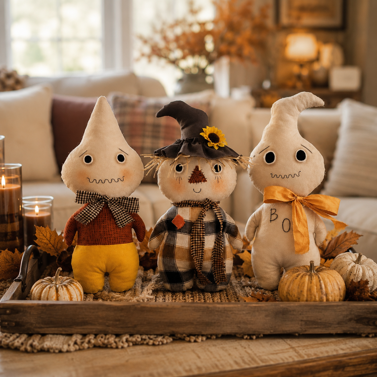 Whimsical Harvest Ghost & Scarecrow Plush Décor