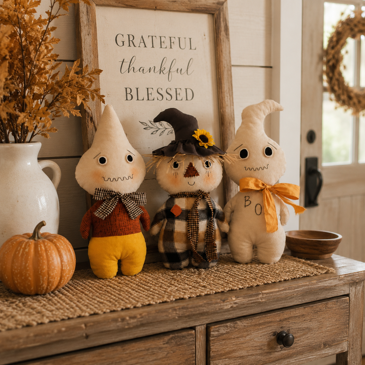 Whimsical Harvest Ghost & Scarecrow Plush Décor