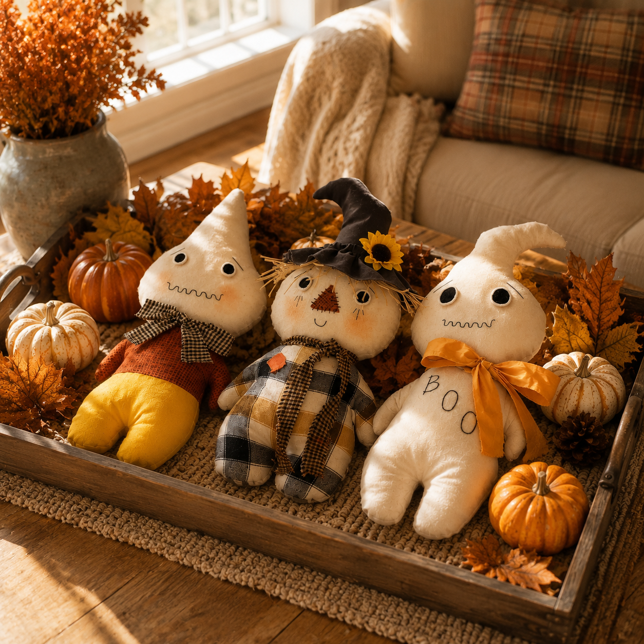 Whimsical Harvest Ghost & Scarecrow Plush Décor