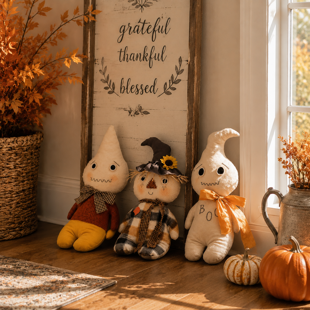 Whimsical Harvest Ghost & Scarecrow Plush Décor