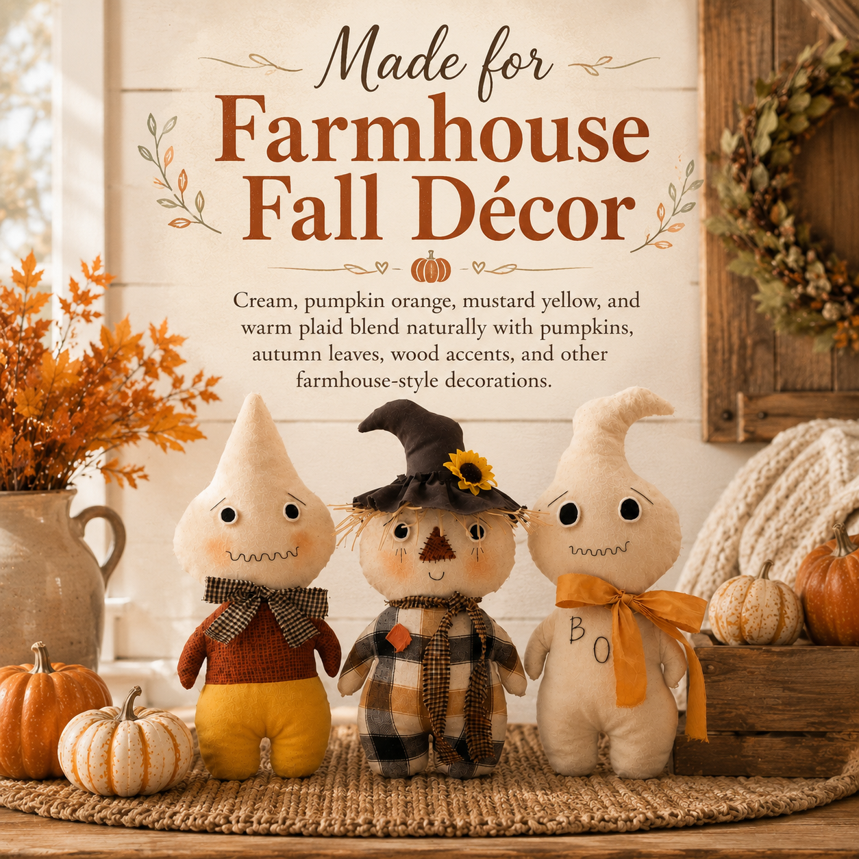 Whimsical Harvest Ghost & Scarecrow Plush Décor
