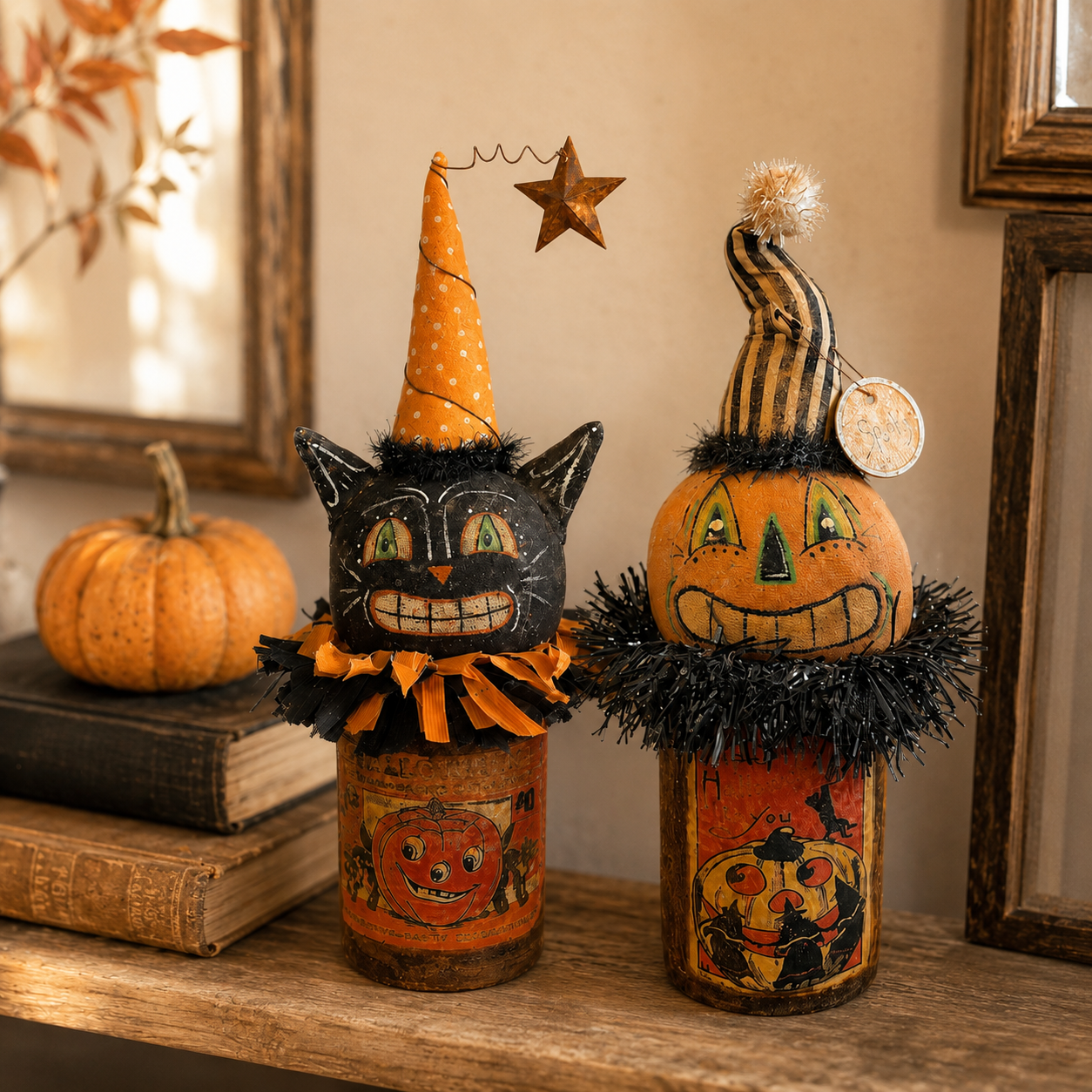 Vintage Halloween Black Cat & Pumpkin Figurines — Set of 2