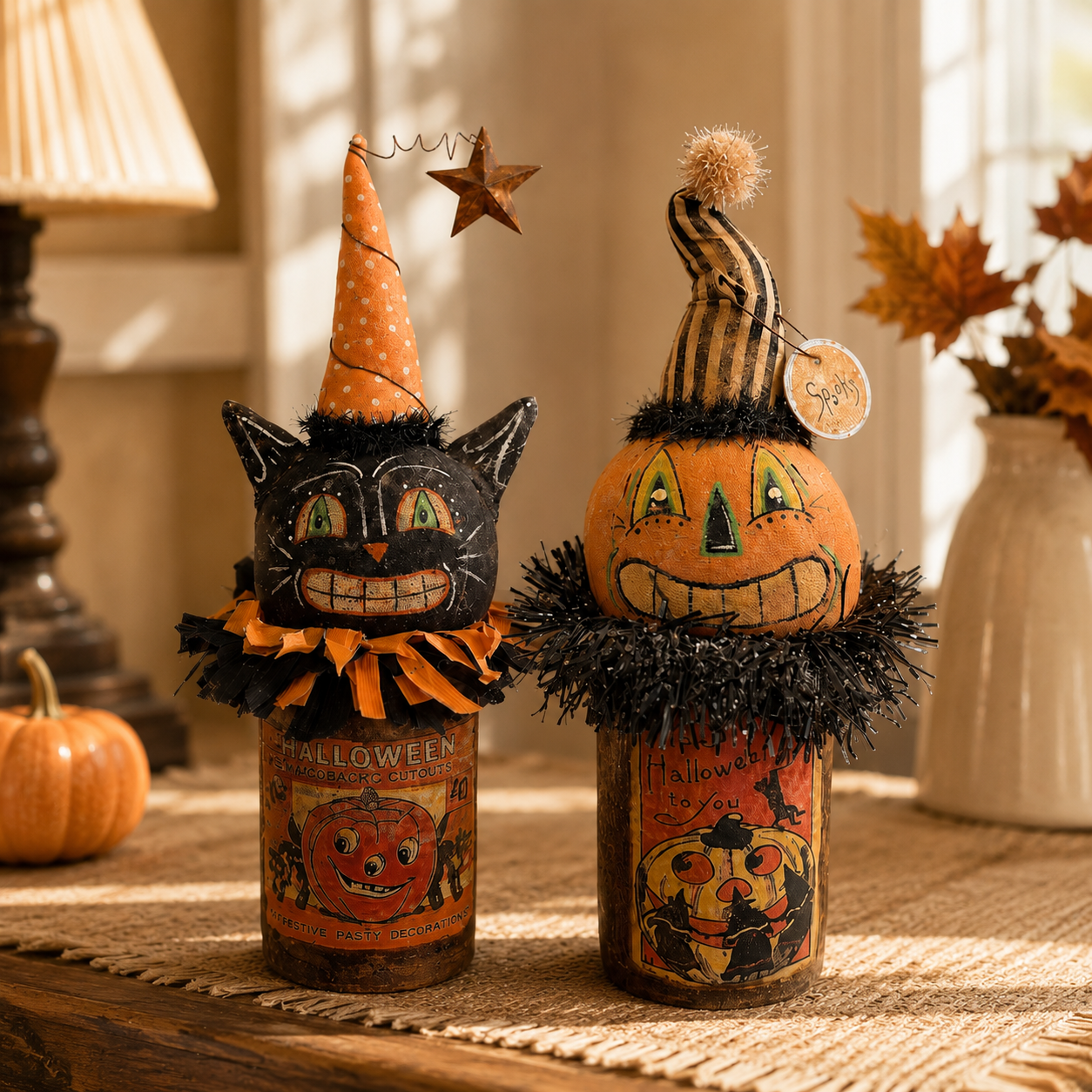 Vintage Halloween Black Cat & Pumpkin Figurines — Set of 2