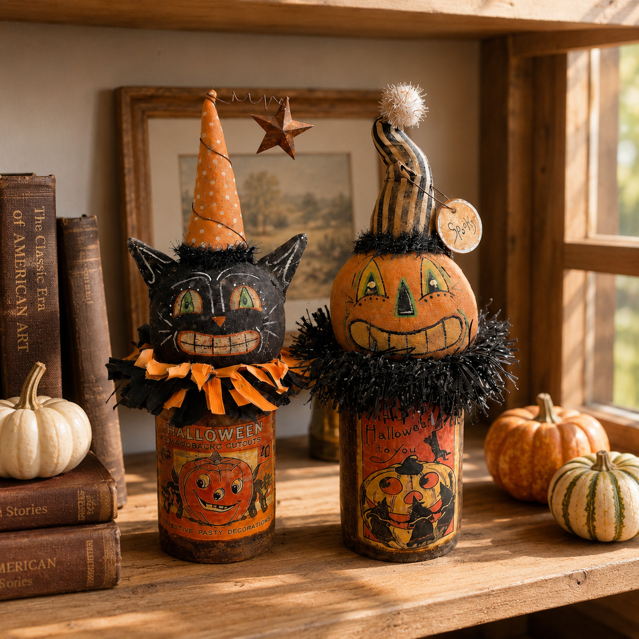 Vintage Halloween Black Cat & Pumpkin Figurines — Set of 2