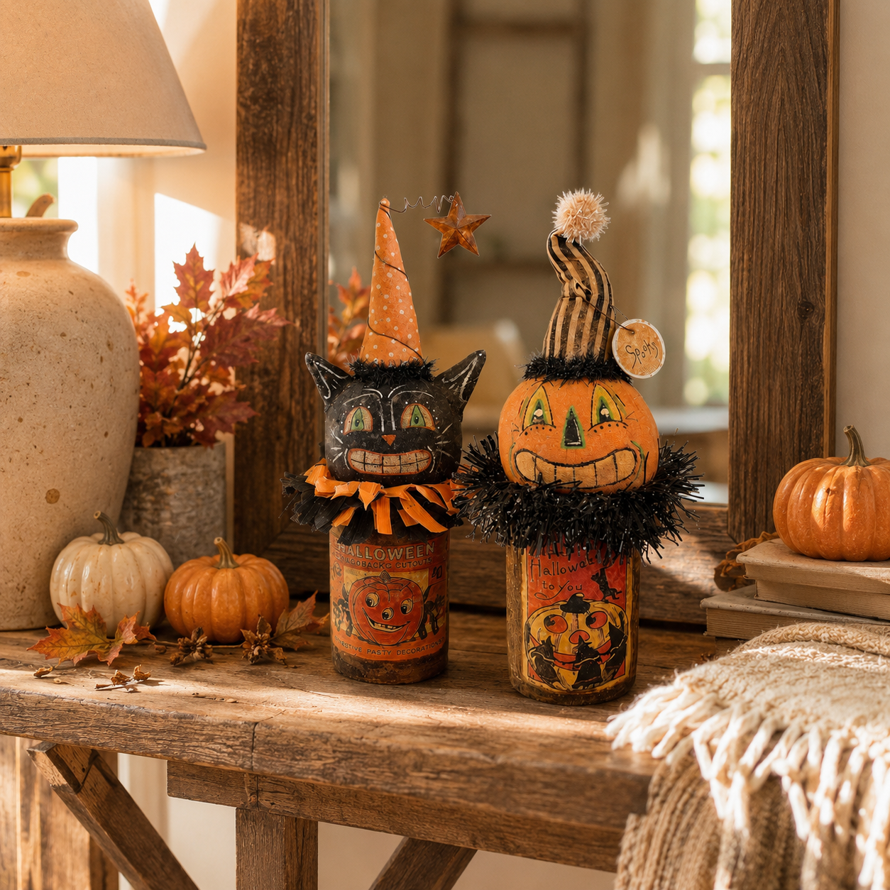 Vintage Halloween Black Cat & Pumpkin Figurines — Set of 2