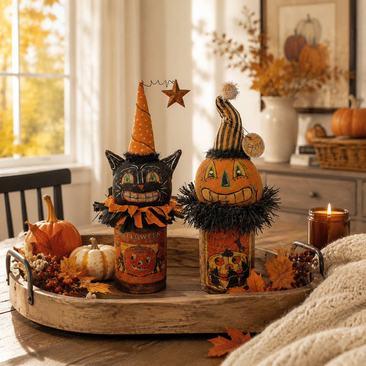Vintage Halloween Black Cat & Pumpkin Figurines — Set of 2