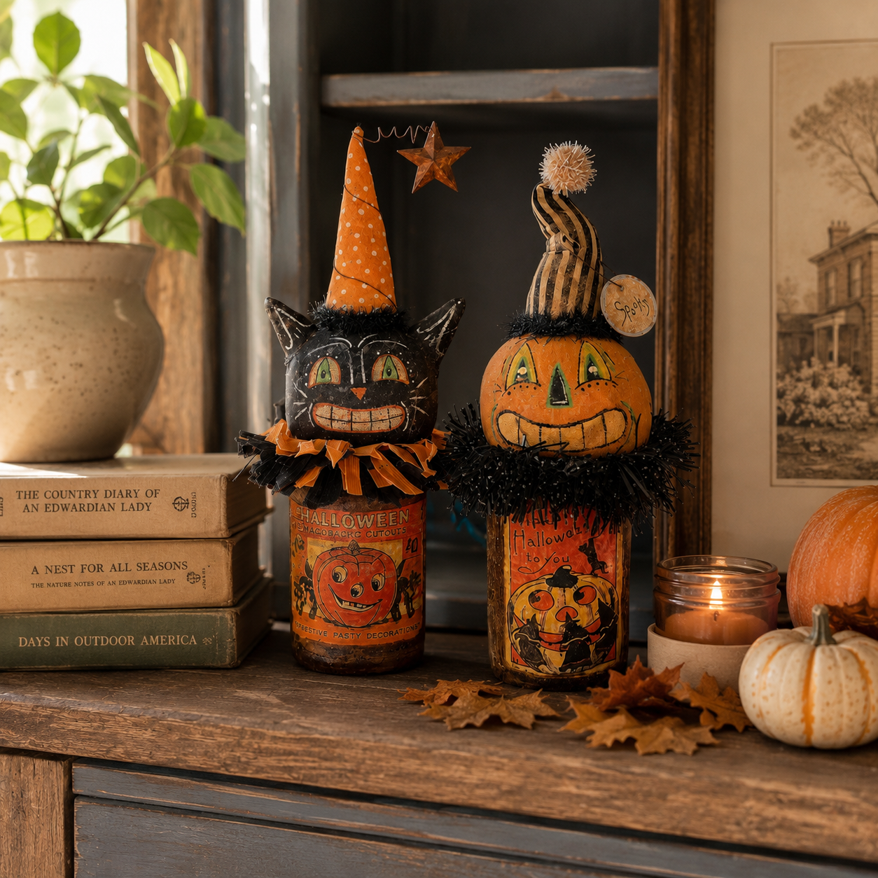 Vintage Halloween Black Cat & Pumpkin Figurines — Set of 2
