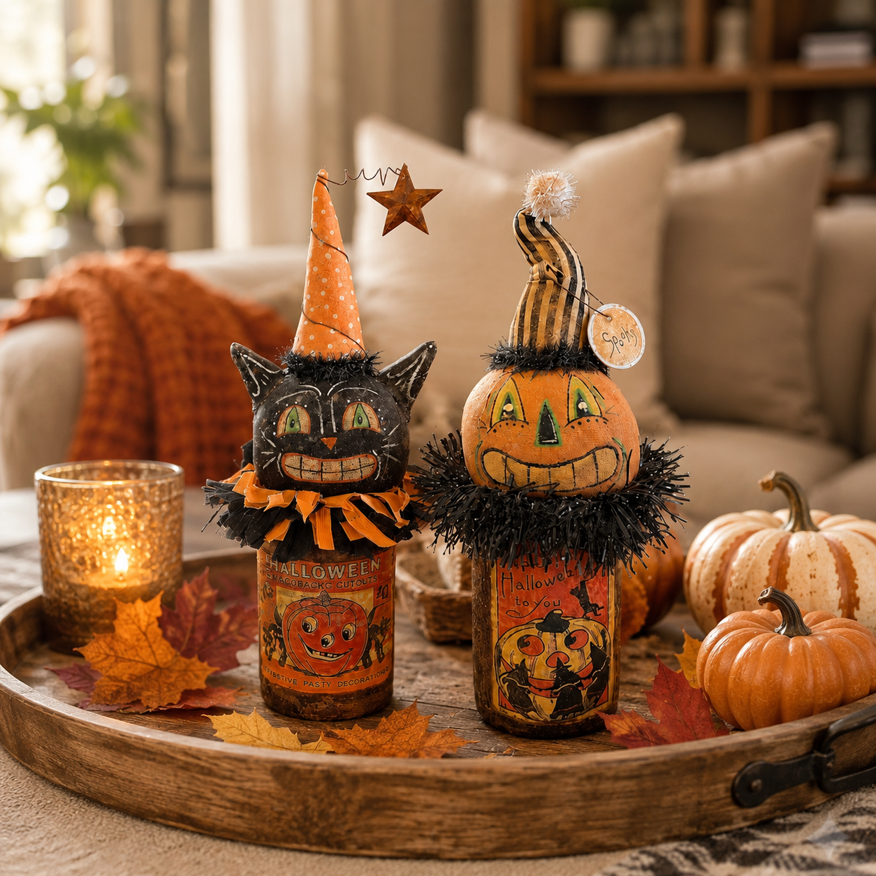 Vintage Halloween Black Cat & Pumpkin Figurines — Set of 2