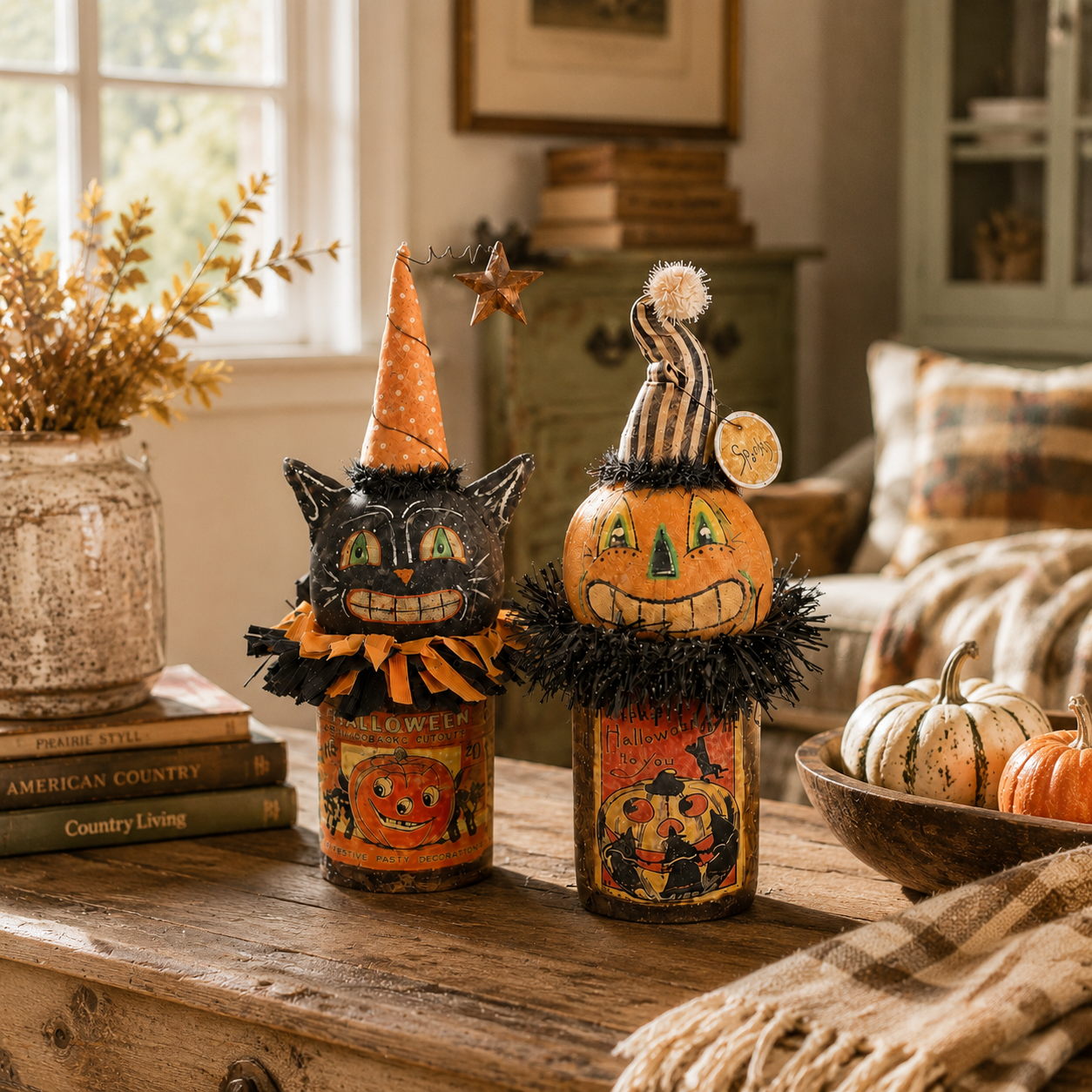Vintage Halloween Black Cat & Pumpkin Figurines — Set of 2