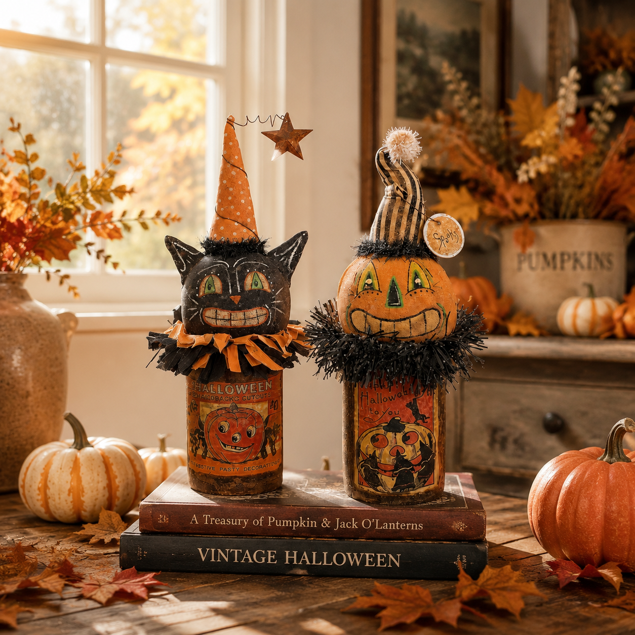 Vintage Halloween Black Cat & Pumpkin Figurines — Set of 2