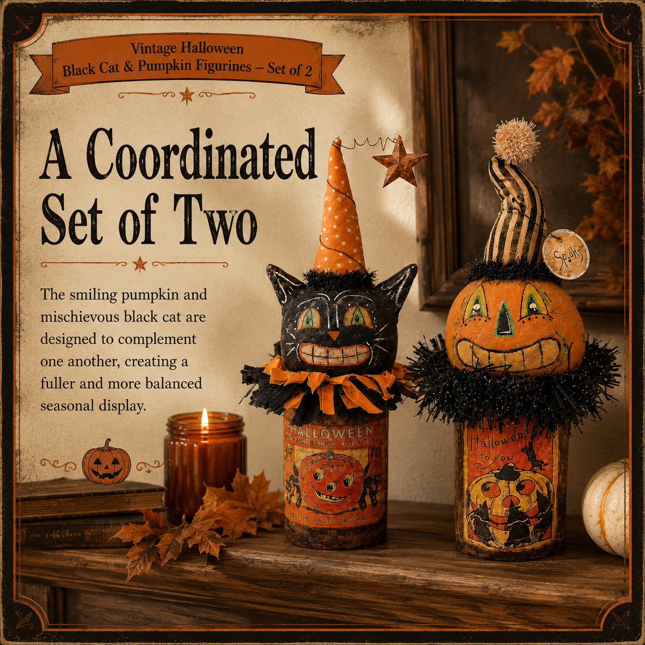 Vintage Halloween Black Cat & Pumpkin Figurines — Set of 2