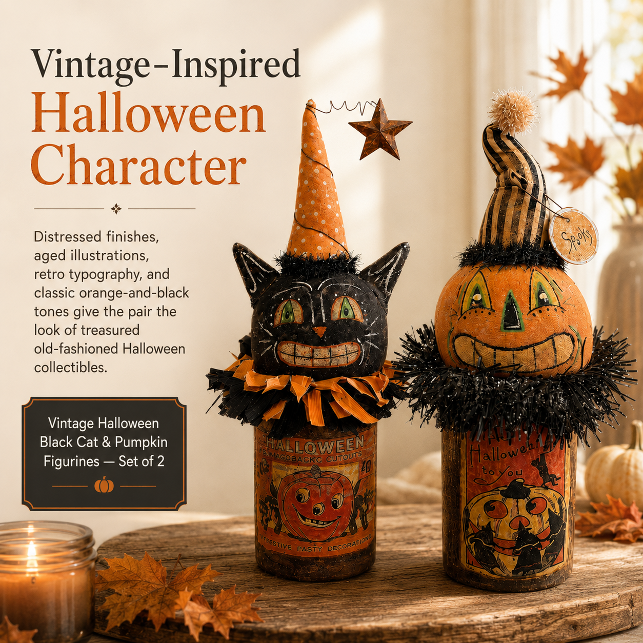 Vintage Halloween Black Cat & Pumpkin Figurines — Set of 2