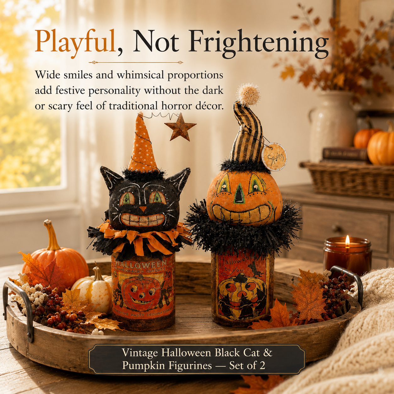 Vintage Halloween Black Cat & Pumpkin Figurines — Set of 2